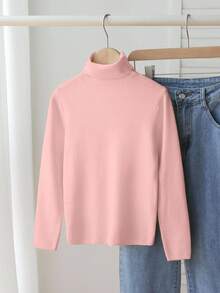 SHEIN Vintaside Kids 少女休闲纯色高领毛衣，高领女童抓绒高领毛衣，适合4岁女孩，可爱纯色冬季圣诞节万圣节毛衣，秋季套头衫 - 粉色 - 查看 4