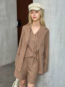 SHEIN 3pcs/Set Teen Girl Plain Single-Breasted Vest, Long Sleeve Blazer Jacket And Casual Shorts - Khaki - View 6