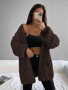 EURMUSE Dual Pocket Drop Shoulder Open Front Cardigan - 棕色 - 查看 4