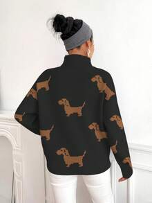 EMERY ROSE 女士休闲日常狗狗图案高领毛衣，秋冬款 - 黑色 - 查看 2