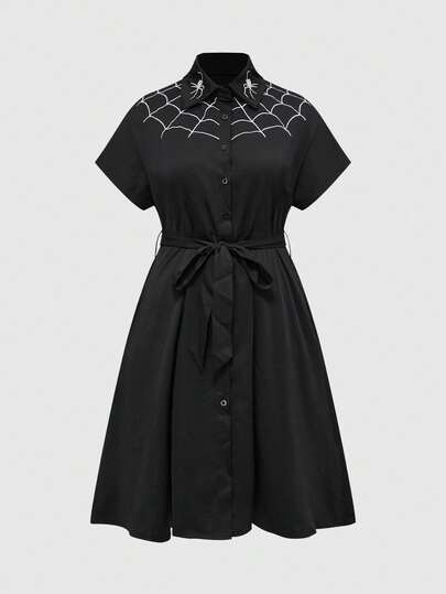 Goth Plus Size Women Gothic Spider Web Embroidery Cinched Waist Pocket Dress For Halloween