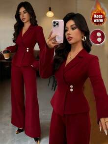 SHEIN Elenzya 女式不对称腰长袖西装外套和阔腿裤套装，优雅的办公室通勤装，秋冬 - 酒紅色 - 查看 1