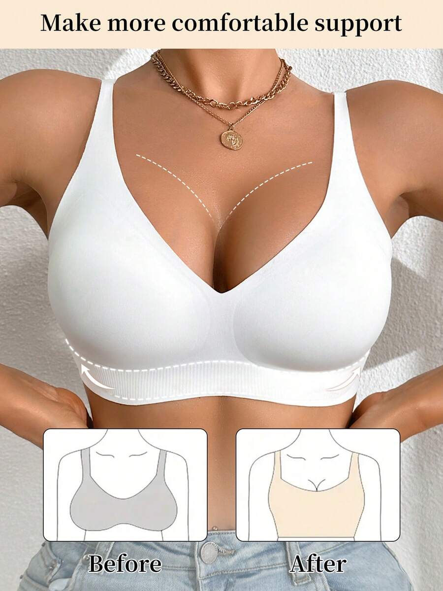 1pc NudeFit Women's Seamless Jelly Gel Supportive Non-Removable Padded Wireless Deep V-Neck Bra - White - View 1