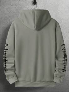 SHEIN Cottnline Men's Gothic English Print Hooded Sweatshirt, Street Style - Army Green - View 2