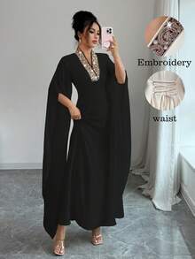 Rafferiza Đầm Maxi dài tay xẻ tà cổ chữ V thêu họa tiết trơn màu thanh lịch, trang nhã dành cho nữ, thích hợp mặc dự tiệc, mặc hàng ngày, đơn giản - màu đen - Xem 4