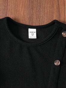 Emery Rose Kids Emery Rose Kids 女童优雅休闲圆领套头开衩中长连衣裙，适合上学、日常休闲穿着，秋冬季长袖连衣裙，带纽扣，黑色连衣裙，女童秋季连衣裙，黑色连衣裙 - 黑色 - 查看 5