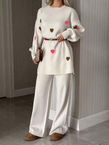 EURMUSE 女款愛心刺繡泡泡袖針織毛衣與長褲套裝，兩件式居家休閒套裝，上衣與長褲套裝，愛心印花套裝，冬季服飾 - 米色 - 查看 6