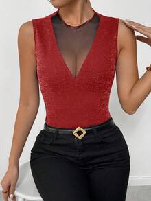 Rafferiza Women's Shiny Black Mesh Patchwork Tight Camisole, Elegant Party Dress For Winter - Burgundy - View 3