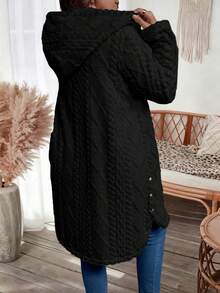 SHEIN Tall CURVE Plus Size Women Casual Solid Color Hooded Jacket, Winter - Black - View 2