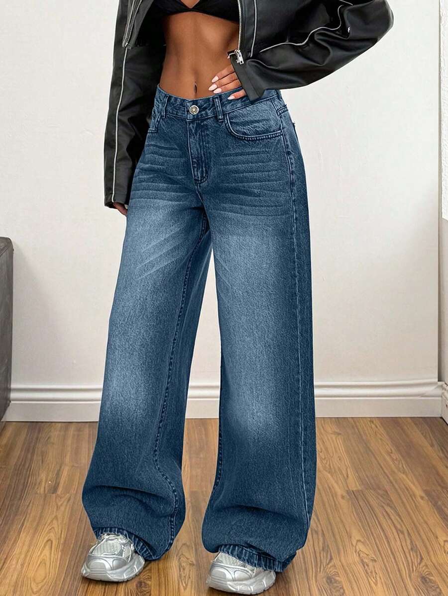 EURMUSE Low Waist Wash Detailed Wideleg Jean - Dusty Blue - View 1