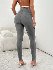 EURMUSE 97%纯棉女式高腰修身开衩牛仔裤 - 灰色 - 查看 2