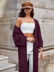 EURMUSE 女士纯色蝙蝠翼宽松休闲长款开衫 - 酒紅色 - 查看 6