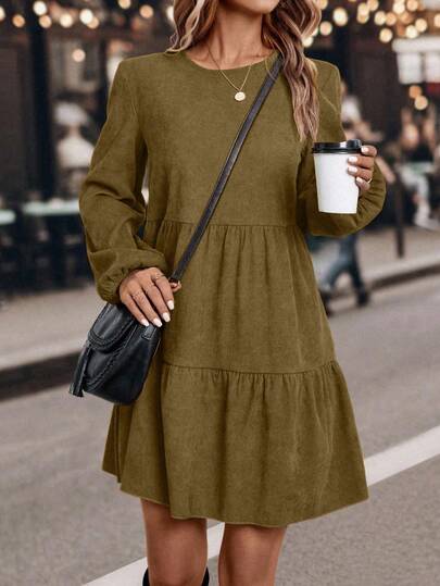 EMERY ROSE Vestido curto feminino casual para o dia a dia, simples, de veludo cotelê, cor sólida, manga lanterna, bainha em camadas, outono