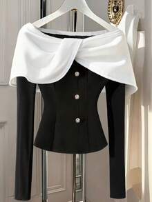 GlowEve Women's Elegant Chic High-End Sense Off-Shoulder Contrast Pleated A-Line Long Sleeve Blouse, Suitable For Graduation Party, Holiday Events, Vacation, Date, Autumn/Winter - Black - View 1