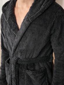 CoupledUp Men's Cozy Loose Fit Dark Grey Hooded Bathrobe With Tie Waist, Fluffy, Winter - Dark Grey - View 6