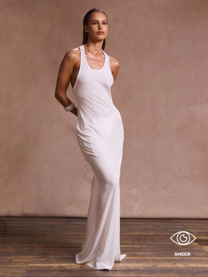 Musera Resort Racerback Sheer Marl Loose Fit Sleeveless Maxi Dress Cover Up Summer Vacation Holiday Beach Elegant Romantic Festival Ibiza Western Bridal Party