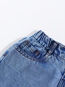 SHEIN ChillGRL 少女涂鸦印花阔腿工装牛仔裤，甜美酷炫街头风休闲Y2K图案牛仔裤，Y2K美学，90年代童装 - 深色水洗藍 - 查看 5