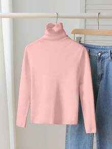 SHEIN Vintaside Kids 少女休闲纯色高领毛衣，高领女童抓绒高领毛衣，适合4岁女孩，可爱纯色冬季圣诞节万圣节毛衣，秋季套头衫 - 粉色 - 查看 5