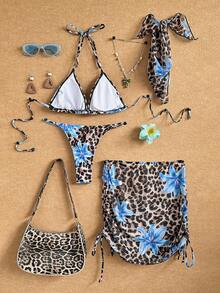 SHEIN Swim Bộ đồ bơi lễ hội âm nhạc họa tiết da báo và hoa 2 món cho nữ - Nhiều màu - Xem 2