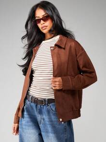 MISSGUIDED Faux Suede Bomber Jacket With Zipper Closure And Ribbed Cuffs For Fall Winter Casual Outerwear - Chocolate Brown - View 3