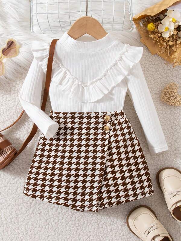 SHEIN 2 paquetes Conjunto de camiseta de manga larga y falda casual y linda para niña bebé con rayas y volantes. Adecuado para fiestas de cumpleaños, fiestas de noche, actuaciones, bodas, bautizos y ceremonias de apertura. Adecuado para uso diario y viajes. Adecuado para otoño e invierno.