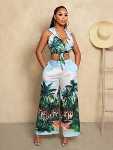 BamGleam Bộ áo crop top buộc dây không tay và quần dài cho nữ, thời trang tối giản cho mùa hè - Nhiều màu - Xem 1