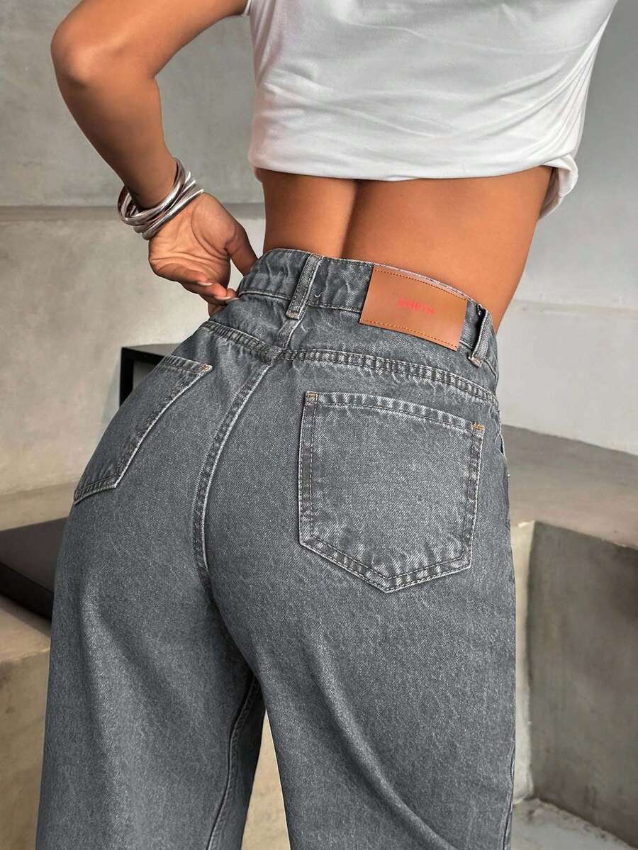 EURMUSE HIGH WAIST CASUAL STYLE DENIM STRAIGHT - Grey - View 1