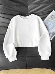 SHEIN 少女深白色短款卫衣，高腰长袖休闲简约纯色卫衣，适合日常休闲穿着，秋冬季白色卫衣，少女可爱纯色卫衣，青少年卫衣，少女长袖短款卫衣，长袖卫衣，无图片 - 白色 - 查看 1