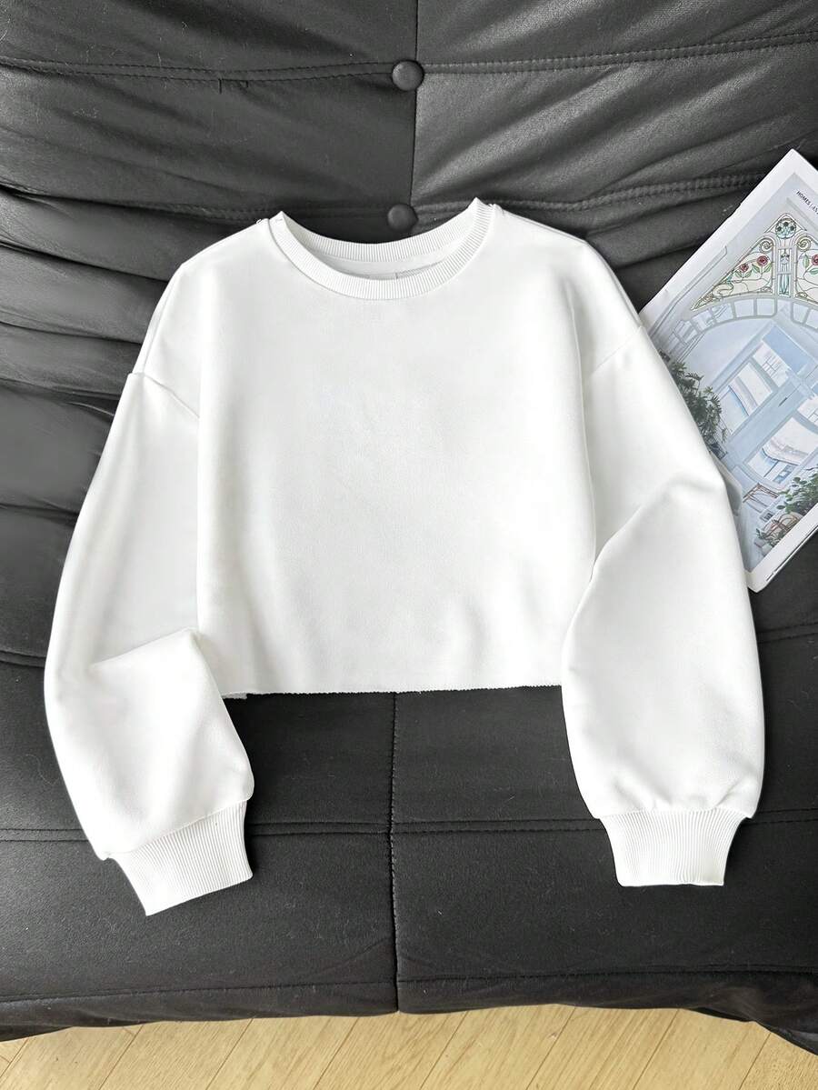 SHEIN 少女深白色短款卫衣,高腰长袖休闲简约纯色卫衣,适合日常休闲穿着,秋冬季白色卫衣,少女可爱纯色卫衣,青少年卫衣,少女长袖短款卫衣,长袖卫衣,无图片 - 白色 - 查看 1