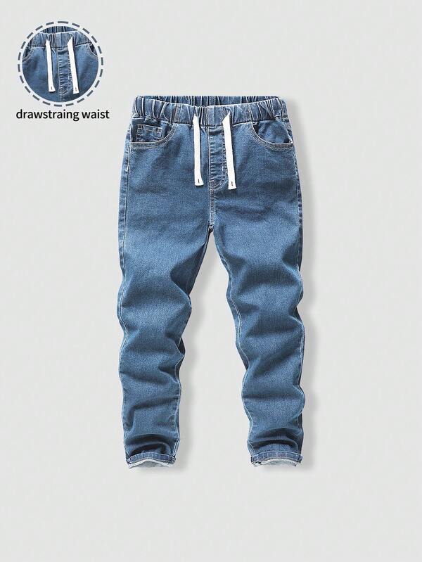 SHEIN Explorewe Jeansy dla chłopców z elastyczną talią i sznurkiem do ściągania, uniwersalne, proste, uniwersalne, wygodne, rozciągliwe, dopasowane, jasnoszare, codzienne