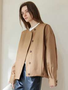 Aveloria Modichic Solid Color Twill European & American Style Versatile Bomber Jacket, Long Sleeve Outerwear - Khaki - View 6
