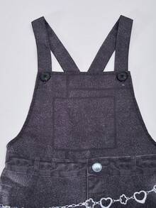 Tween 女童卡通印花黑色休闲连体裤，返校街头风格儿童学院风运动服工装裤，宽松高腰工装裤街头服饰 - 黑色 - 查看 3