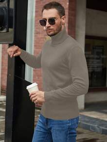 Manfinity Homme Men's Solid Color Minimalist Turtleneck Long Sleeve Knit Sweater, Casual Everyday Wear, Fall/Winter - Maroon - View 3