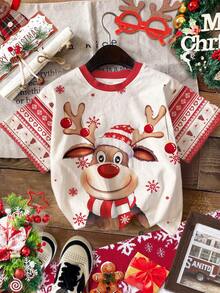 SHEIN Camiseta infantil Happikins para celebração de Natal, vermelha natalina, com estampa fofa de rena de desenho animado, flocos de neve em degradê, estampa Fair Isle com urso e rena, ideal para combinar com a família, presente de Natal, clima natalino, camiseta casual minimalista de manga curta e gola redonda, perfeita para o verão, todas as estações, para usar em casa e para festas de Natal. - Multicolorido - Ver 2