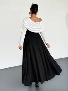 Firerie Plus Size Elegant Sophisticated Romantic Charming Formal Off-Shoulder Ruched Drawstring Waist A-Line Flare Hem Bodycon Long Sleeve Dress, Suitable For Dates, Parties, Balls, And Everyday Wear, New Design For Autumn/Winter - Black and White - View 3