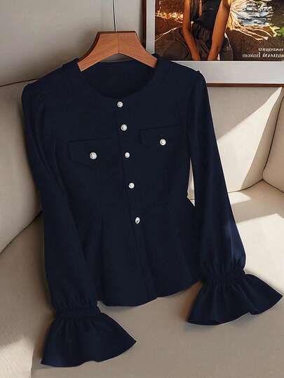 Regalyn Plus Size Women's Bestselling Mandarin Collar Elegant Blouse, Versatile For Commuting, Waist Cinching Design For Slimming Effect