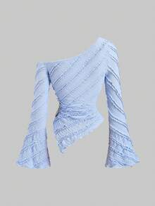 Sweetra Blusa de manga larga con bajo asimétrico y decoración metálica, hecha de tela texturizada, adecuada para ir a trabajar y salidas, primavera/verano/otoño