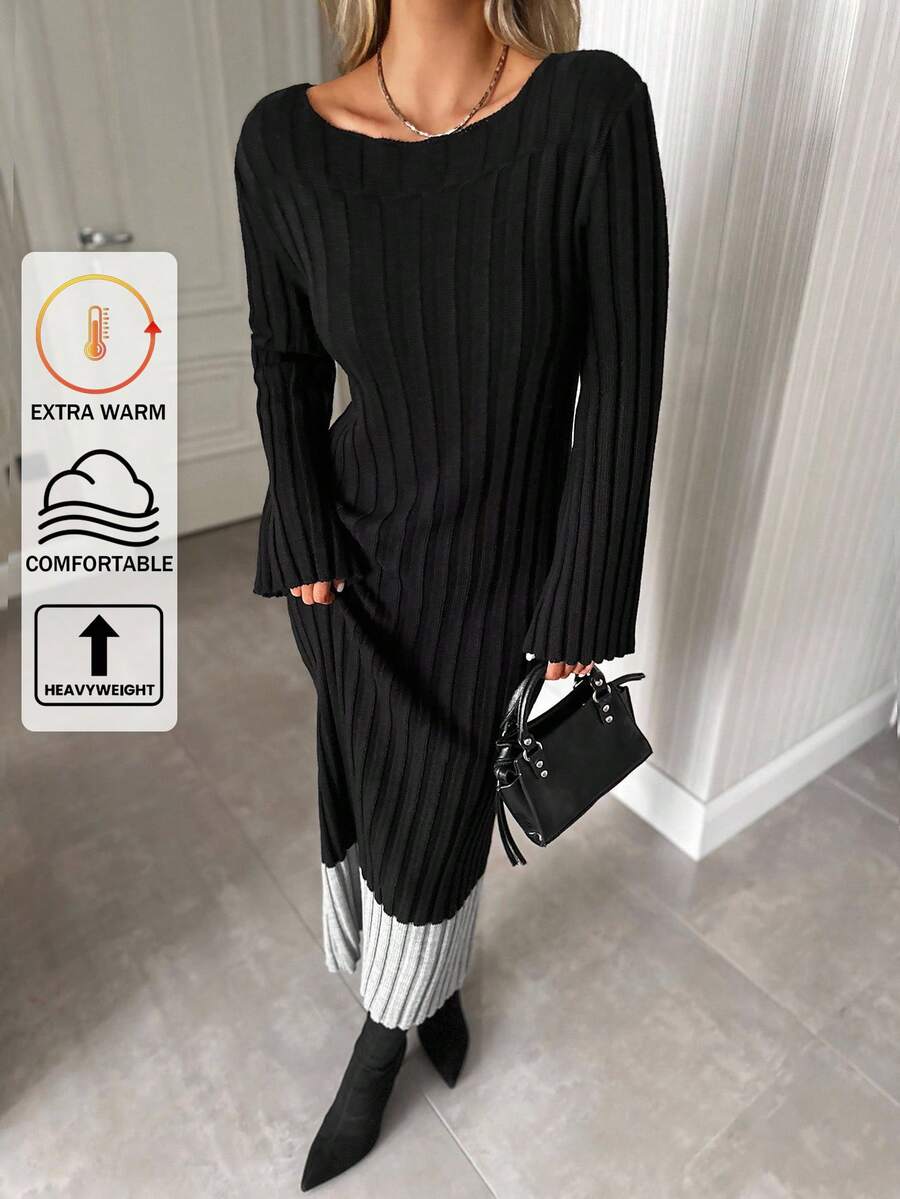 EURMUSE Vestito lungo in maglia a costine casual con collo a barca, a righe, maniche a campana, comodo e chic per tutti i giorni - Grigio - Visualizzare 1