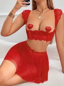 SpicyHot 5 件性感蕾丝拼布钢圈文胸短款上衣、高腰透视百褶迷你裙、低腰丁字裤女士内衣套装 - 紅色 - 查看 1