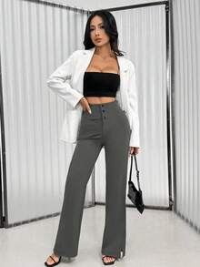 Chiquease Solid Color Front Button Flare Leg Elegant Split Hem Pants - Dark Grey - View 5
