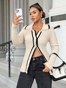 Calvaya Plus Size Women's Striped Long Sleeve Single-Breasted Casual Cardigan, Autumn/Winter Fall Cloth For Women - Apricot - View 5