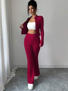 INAWLY Bộ 2 món áo crop top bó sát có khóa kéo và quần ống loe cho nữ - Màu Đỏ Sâu - Xem 8