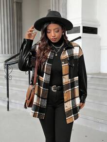 Calvaya Plus Plaid Print Drop Shoulder Flap Pocket Jacket Fall Winter Cloth For Women Autumn - Brown - View 6