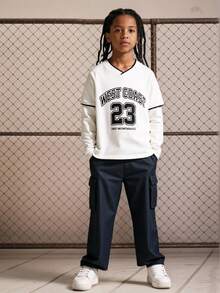 Explorewe 2pcs/Set Casual Fashion Teenager Boys' Colorblock Letter Print Faux Denim Cargo Pants, Loose Fit, Comfortable, Versatile For Daily Wear, Commute, Outdoor, School, Street Style, Party, Suitable For Autumn, Spring, Winter - Multicolor - View 2