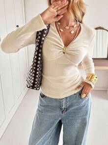 Siren Gaze Women's Cream White Elegant T-Shirt,V-Neck Metal Decor Long Sleeve Ribbed Slim-Fit Stretch Top,Autumn Everyday Modest Casual Top For Office & Brunch - Apricot - View 4