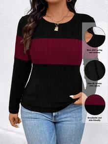 EMERY ROSE Plus Size Contrast Color Round Neck Ribbed Long Sleeve Casual T-Shirt Graphic Tees Women Tops For Spring Fall - Multicolor - View 1