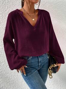 EMERY ROSE Áo sơ mi tay dài cổ chữ V trơn màu đơn sắc dành cho nữ - Màu tím - Xem 3