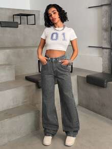 EURMUSE HIGH WAIST CASUAL STYLE DENIM STRAIGHT - Light Grey - View 4
