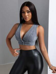 SHEIN SXY 女士牛仔超短無袖背心 - 藍色 - 查看 3