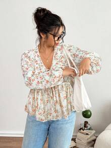 Lounesse 大码女式 V 领带设计碎花长袖衬衫，百搭日常穿着，蓝色碎花 - 彩色 - 查看 6